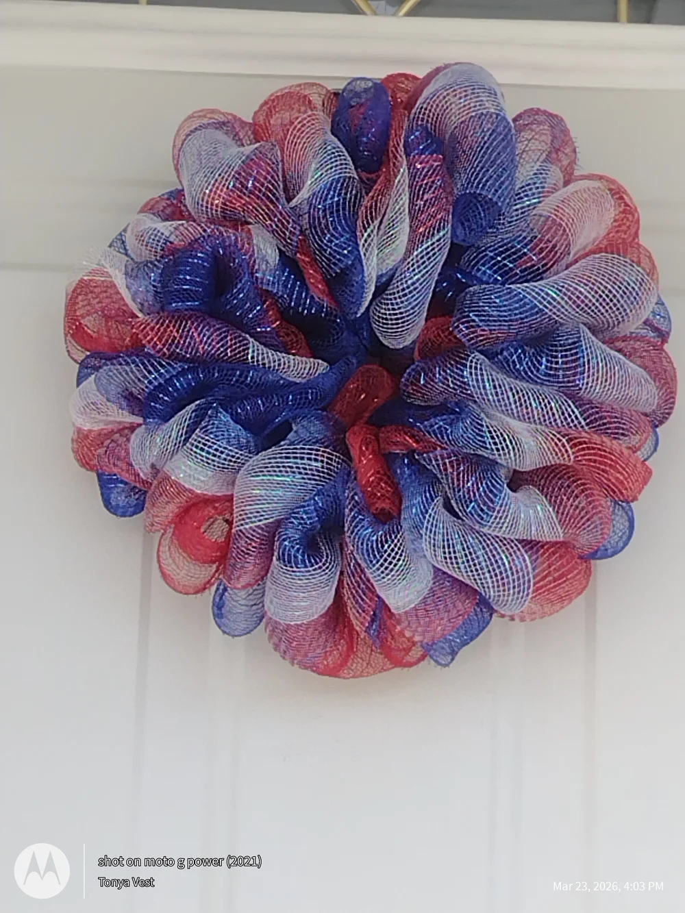 Patriotic Red, White & Blue Holiday Mesh Wreath
